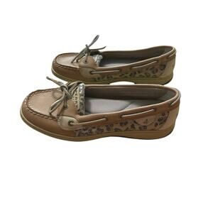 Sperry Angelfish Leopard Sequin Boat Shoes 10M Brown Leather Lace Up Preppy